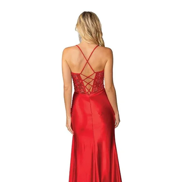 strapless open back dress Red Lace Applique Mermaid Prom Dresses 2024 V-Neck Sheer Bodice 24228 –  vigocouture main image 1